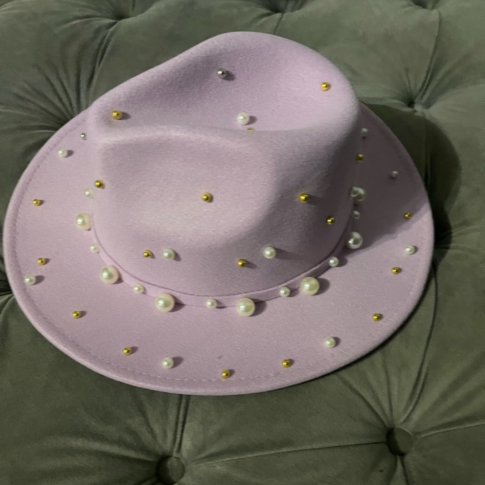 Lilac, gold and pearl fedora hat
